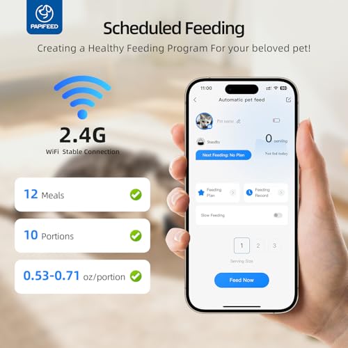 PAPIFEED Automatic Cat Feeder 2 Cats, 2.4G WiFi Cat Food Dispenser with App, 7L Slow Feeder Timed Cat Feeder for Dry Food, 10 Meals/Day, 12 Portions/Meal, Smart Pet Feeder for Small Dog