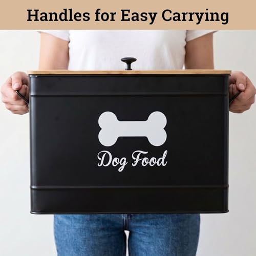Dog Food Container Airtight 15-20 lb (70 Cup) Capacity with Metal Scoop - Cute Airtight Dog Food Storage Container with Bamboo Lid - Black Metal Kibble Storage Bin for Dogs up to 100 lbs - Big Pet Jar