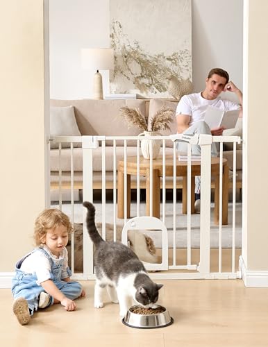 Babelio Baby Gate with Adjustable Cat Door,29-43" Auto Close Durable Pet Door for Stairs,Doorways and House,Pressure Mounted,Easy Install,Effortless Walk Thru,White