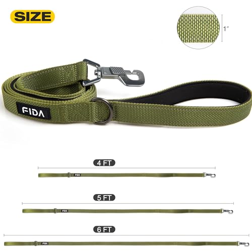 Fida 4 FT Heavy Duty Dog Leash with 2 Comfortable Padded Handles, Traffic Handle & Advanced Easy Snap Hook, Reflective Walking Lead for Large, Medium & Small Breed Dogs, Green