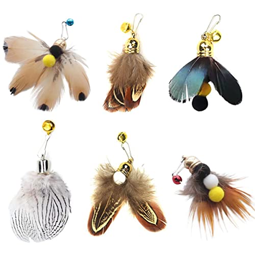 Hokoad Cat Insect Feather Toys Replacement Cat Toy Wand Refills, 6 Pieces Natural Insect Cat Toy Feathers Refill, Interactive Cat Teaser Wand Attachments, with Bell