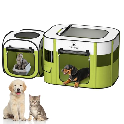 Pawaboo 2-in-1 Pet Playpen for Dog Cat, Portable Puppy Playpen with 600D Oxford, Divisible Pet Tent for Indoor and Outdoor Travel Use of Kitten and Puppy, Foldable Dog Enclosure