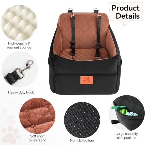 GL GLENSLAVE Dog Car Seat for Small/Medium Dogs, Dog Booster Car Seats with Thick Cushion for Dogs Under 35 lbs, Detachable Washable Pet Carseat with Storage Pockets, 2 Safety Belts(Black/Brown)