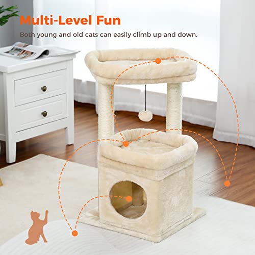PEQULTI Cat Tree Cat Tower for Indoor Cats with Private Cozy Cat Condo, Natural Sisal Scratching Posts and Plush Pom-pom for Small Cats,Beige