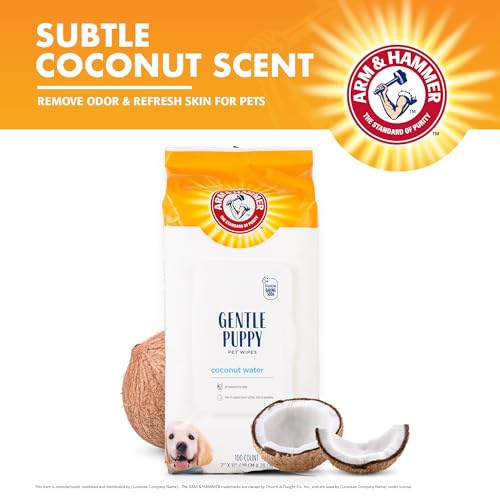 Arm & Hammer Dog Grooming Wipes, Deodorizing Dog Cleaning Wipes with Coconut Water, Gentle for Dogs and Puppies, Paraben and Sulfate Free Formula, Light Coconut Scent, 100 Count