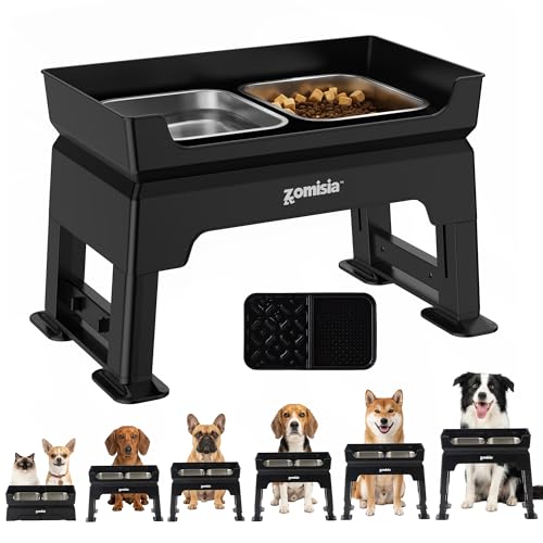 ZOMISIA 3-in-1 Elevated Dog Bowls - 6 Height Adjustable Raised Dog Bowl Stand, Double Deck Design Mess Proof, Feeding Station with 2 Stainless Steel Bowls & Licking Plate for Small Medium Large Pets
