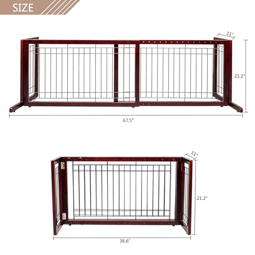Bonnlo Free Standing Dog Gate, 37" - 68" Wide Pet Gate for Fireplace Stairs Doorways, Wooden Adjustable Pet Fence Indoor, Christmas Tree Gate (Cherry)