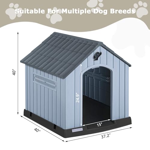 PUKAMI Large Dog House Outdoor Indoor, Plastic Dog House Weatherproof for Large Dogs, Sturdy Puppy Shelter with Air Vents and Elevated Floor, Easy Clean and Assemble (Grey, 37.2" D x 40" W x 40" H)