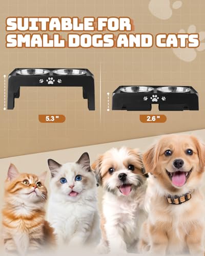 Jovrun Elevated Dog Bowls for Small Dogs and Cats, Non-Slip Cat Bowls with 2 Thick 5.5" Stainless Steel Dishes, Dog Feeder 2 Heights Adjustable to 2.6"-5.3"