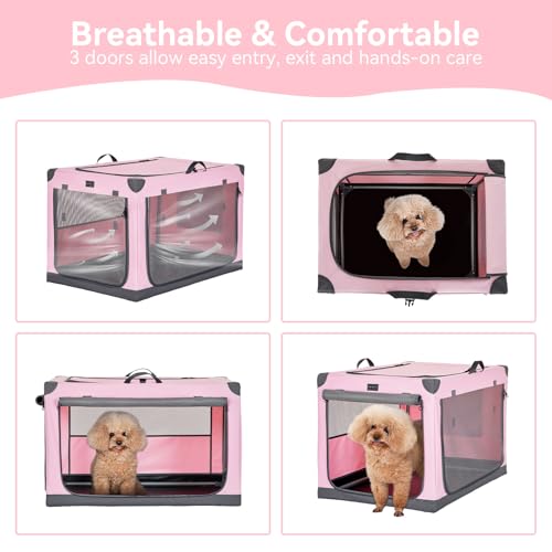 PETSFIT 26" Soft Portable Dog Crate – Patented Spiral Sturdy Frame, Collapsible Travel Kennel for Small Dogs, 3 Mesh Door, Lockable Zippers, Indoor & Car Use Pink