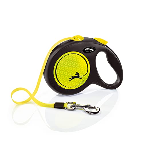 FLEXI New Neon Tape Retractable Dog Leashes for Large Dogs Upto 110 lbs. – 16 ft., Neon Yellow/Black | Tangle Free Pet Walking Leash with One-Handed Brake, Pause, Lock|German Quality Product