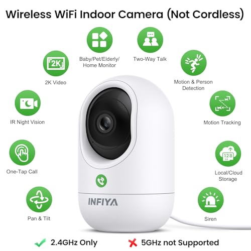 INFIYA 2K Indoor Camera-One-Touch Call Baby/Elderly Monitor Pet Camera 360° PTZ & Intelligent Tracking for Home Security, Compatible with Alexa/Google Home(2.4GHz WiFi Only) - K7 2P