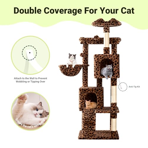 Allewie 64 Inches Cat Tree Tower/Multi-Level Activity Center for Indoor Big Felines/2 Plush Condos/2 Perchs/Basket/House/Sisal Scratching Posts/Hanging Cat Toys/Leopard Print