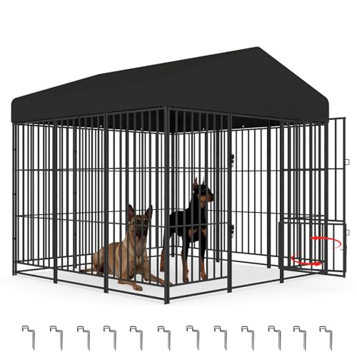 PANTAZO Large Dog Kennel Outdoor with Double Safety Locks 73''x72''x71'' Heavy Duty Welded Wire Steel Pet Pen Dog Enclosure with UV-Resistant Waterproof Roof