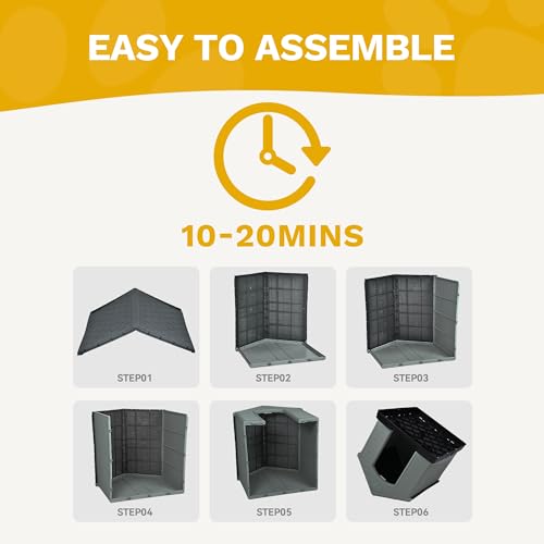 DWVO Spacious Plastic Dog Shelter, Weatherproof Outdoor/Indoor Doghouse, Puppy Kennel with Air Vents and Elevated Floor, 41.3''L*38''W*38.8''H, Black+Gray