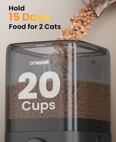 oneisall Cordless 2.4Ghz WiFi Automatic Cat Feeder for 2 Cats, Rechargeable 100-Day Battery Operated Auto Cat Feeder, 20 Cups/5L Timed Cats Food Dispenser Automatic for Large Kibble, Smart App Control