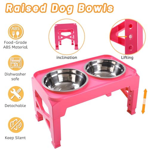 Hubulk Elevated Dog Bowls with 2 Stainless Steel Dog Food & Water Raised Bowls with No Spill Edge Non-Slip Stand Adjusts to 3 Heights(2.75", 6.0", 7.5") for Small Medium Dogs and Pet