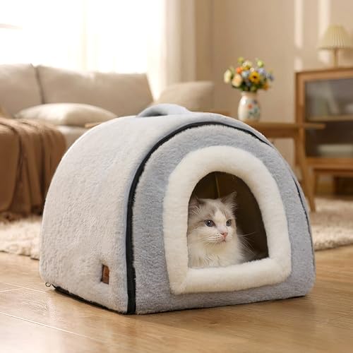 OMIVIER Cat Bed for Indoor Cats，Foldable cat cave，Anti-Slip & Water-Resistant Bottom，cat Houses for Indoor Cats or Small Dogs, Kitten Tent, Rabbit Bed，2 in 1 pet Bed (Grey)