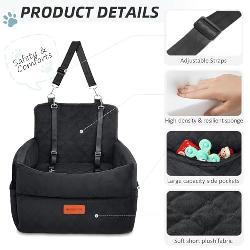 HEGGCOOE Small Dog Car Seat, Memory Foam Dog Booster Car Seats with Thick Cushion for Medium Dogs Under 35lbs, Detachable Washable Dog Bed for Car, Pet Carseat with Storage Pockets,2 Safety Belts