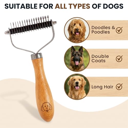 Pet Dematting Comb for Dogs and Cats with Wood Handle, Deshedding Undercoat Rake with Stainless Steel Blades, Pet Comb for Detangling Thinning and Shedding, All Hair Types [We Love Doodles]