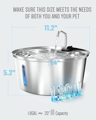 Pawccoli Dog Water Fountain Stainless Steel, 7L/1.8Gal Pet Fountain Water Bowl with Multi-Filtration & Deeper Drinking Aera, Large cat Water Fountain with Water Window & LED, Ultra-Quiet