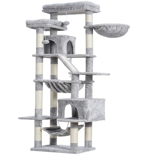 Heybly Cat Tree, 71-Inch-Tall Tower for Indoor Cats with 2 Perches, 2 Big Condos, 2 Hammocks, Basket, Scratching Pad, Large Cat Furniture and Condo, Light Gray HCT034W