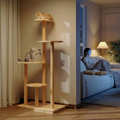 60" Tall Outdoor Cat Tree, Cat Tower Weatherproof for Patio,Garden,Balcony, Durable 4-Tier Natural Wood w/Scratching Posts for Multiple Cats,Outside&Indoor Adult Cats and Kittens Play, Climbing