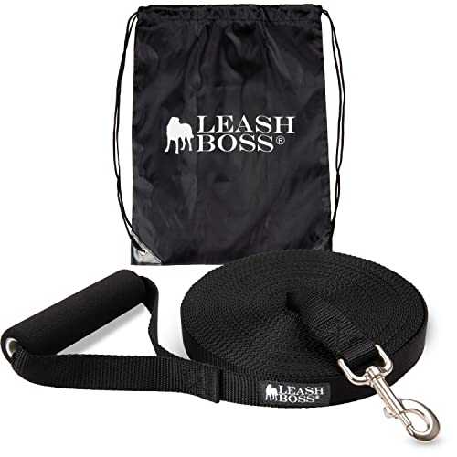 Leash Boss Free Range - Long Dog Leash for Large Dogs + Drawstring Backpack - 1 Inch Nylon Training Lead with Padded Handle (Black) (30 Ft)