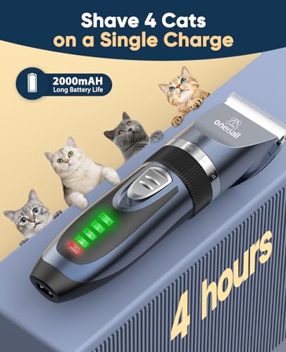oneisall Quiet Cat Clippers for Matted & Long Hair, 2-Speed Cordless Pet Shaver Grooming Kit for Cats, Small Dogs & Animals (Blue)