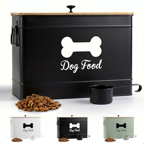 Dog Food Container Airtight 15-20 lb (70 Cup) Capacity with Metal Scoop - Cute Airtight Dog Food Storage Container with Bamboo Lid - Black Metal Kibble Storage Bin for Dogs up to 100 lbs - Big Pet Jar