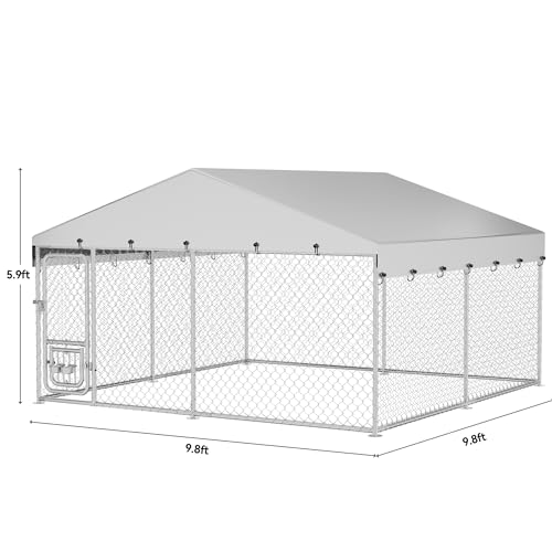 DWVO 10'x10' Dog Kennel Outdoor with Rotating Feeder Bowls, Outdoor Dog Pens with Roof, Heavy Duty Dog House for Medium Large Dogs