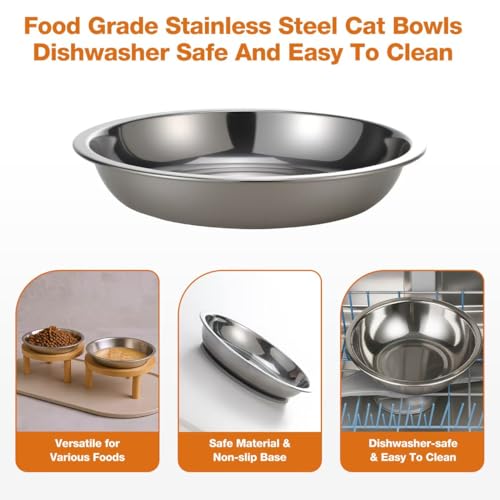 Elevated Cat Bowls with Food Mat,6.3 Inches Shallow Raised Bowls Whisker Friendly,2 Stainless Steel Cat Food and Water Dishes for Cats and Puppies,Dishwasher Safe