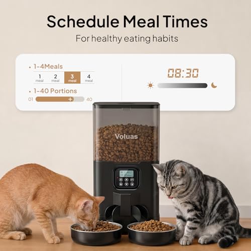 Voluas Automatic Cat Feeder for Two Cats, Double Pet Feeder with 2 Stainless Steel Bowls,6L Timed Cat Feeders with Memory Function