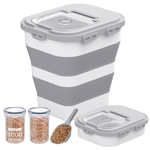 DDMOMMY 35-40 Lbs Airtight Dog Food Storage Container, Collapsible Dog Food Container with Lid, Wheels, Date Track, Large Pet food storage Container for Rice,Flour,Sugar,Dog Food Scoop,2PCS Containers