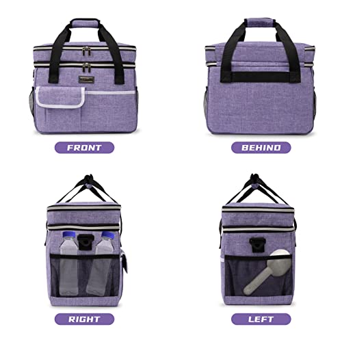 BAGLHER Dog Travel Bag for Supplies - Double-Layer Airline Approved Weekend Pet Travel Organizer Set for Dog and Cat Tote with 2 Pet Food Containers and 2 Collapsible Silicone Bowls Purple
