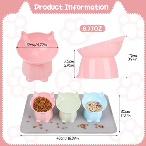 3 Pcs Elevated Cat Bowls 15°Raised Cat Food Bowl with Silicone Mat Whisker Friendly Anti Vomiting Cats Dishes Pet Food and Water Bowls for Indoor Cats Kittens