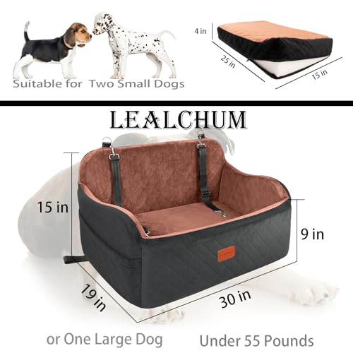 Lealchum Dog Car Seat for Large Size Dog,Soft Fabric Car Dog Bed Filling Memory Foam,2 Clip-On Safety Leashs and 2 Pockets,Removable and Washable Comfy Pet Car Seat(Black/Brown, Large)