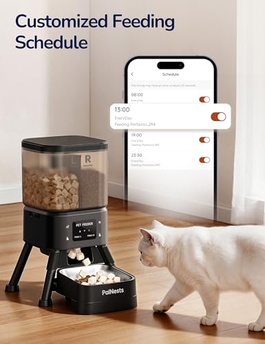 PalNests Dual Chamber Automatic Cat Feeder, Smart WiFi Pet Food Dispenser with 2.4&5G WiFi App, Custom Schedule & Portion Control for Dry Food and Treats, 4L, Black