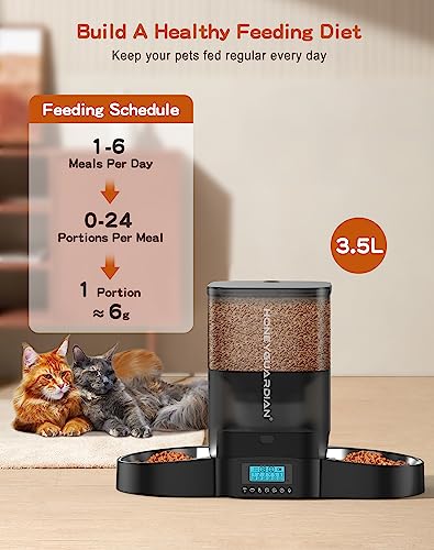 HoneyGuaridan 3.5L Automatic Cat Feeder for Two Cats, Food Dispenser with Stainless Steel Bowl,Timed Cat Feeder Programmable 1-6 Meals Control, Dual Power Supply,10s Meal Call Black