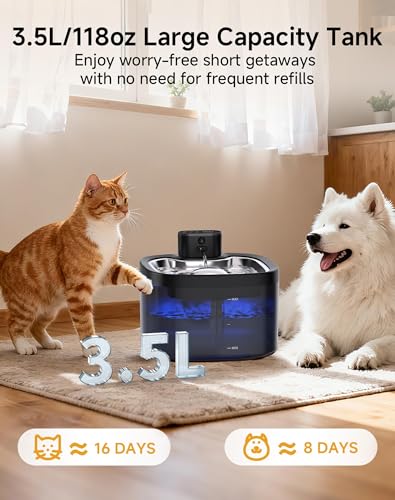 Cat Water Fountain Cordless: Battery Operated 118oz/3.5L Pet Water Fountain for Cats Indoor with Motion Sensor, Cat Drinking Fountains with Stainless Steel Tray, Ultra Quiet, Easy-to-Clean