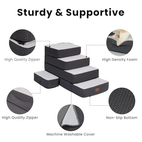 Garnpet 5-Step Adjustable Dog Stairs for High Beds, Dog Steps for Small Dogs and Cats, Foldable Pet Stairs for Bed Climbing, Non-Slip Pet Step Indoor, Grey
