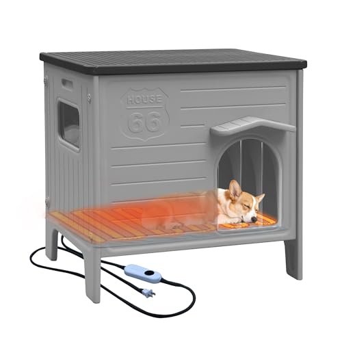 Heated Dog House for Outside Weatherpoof Plastic Dog Houses Outdoor Indoor Waterproof Feral/Pet Dog Shelter for Medium and Small Dogs (Grey)