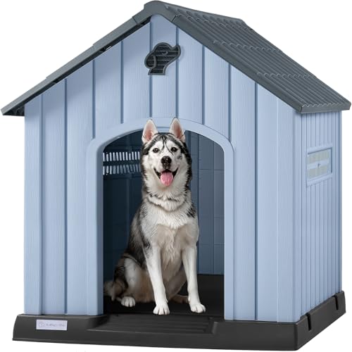 PUKAMI Large Dog House Outdoor Indoor, Plastic Dog House Weatherproof for Large Dogs, Sturdy Puppy Shelter with Air Vents and Elevated Floor, Easy Clean and Assemble (Grey, 37.2" D x 40" W x 40" H)