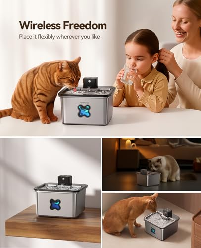 Cordless Cat Water Fountain : [Visual Filter] & [Heavy-Duty Stainless Steel] 3.2L/108oz, FEELNEEDY- Premium, Durable Design, 4000mAh Battery Operated Pet Fountain with Sensor, FN-W17 for Cats and Dogs