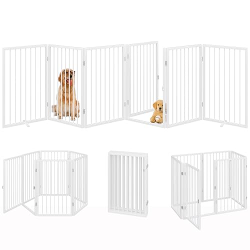Vantas Folding No-Assembly Metal Pet Gate 120" Wide, 32" Extra Tall Dog Gate with Door Walk Through, Freestanding Accordion Puppy Gate Dog Door for Indoor & Outdoor, with 2PCS Support - White