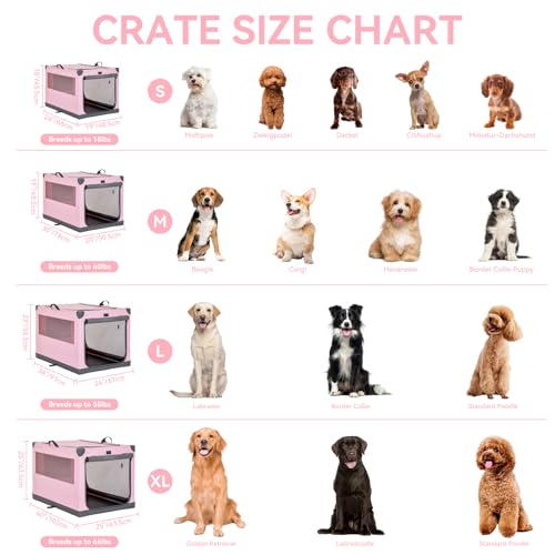 PETSFIT 26" Soft Portable Dog Crate – Patented Spiral Sturdy Frame, Collapsible Travel Kennel for Small Dogs, 3 Mesh Door, Lockable Zippers, Indoor & Car Use Pink