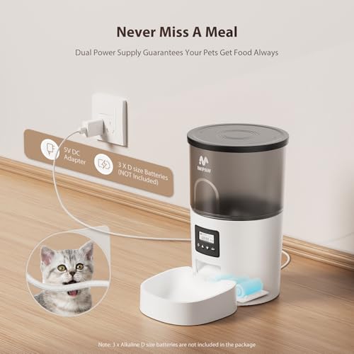 IMIPAW Automatic Cat Feeders, Timed Cat Dry Food Dispenser with Desiccant Bag, Dual Power Supply, Programmable Portion Size, 6 Meals, 20 Portions Per Day, Auto Pet Feeder for Cats and Small Dog, White