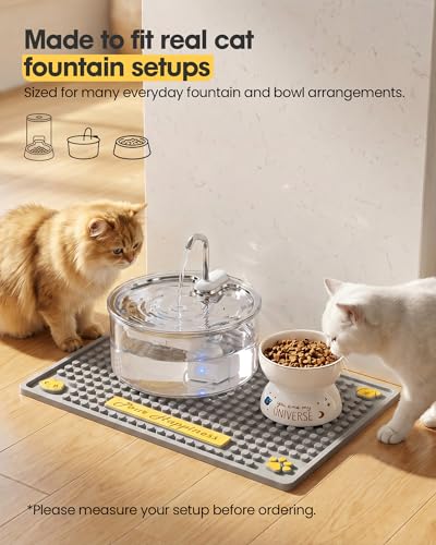 Tomxcute Non-Absorbent Cat Water Fountain Mat, 19.7" x 14.2" Extra Thick Waterproof Pet Feeding Mat, Heavy-Duty PVC Floor Protector for Active Drinkers, Raised Edge Tray for Food and Water Bowls, Grey