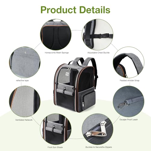 Lekebobor Cat Carrier Backpack, Expandable Pet Carrier with Sun Shade & Full Front Opening, Breathable Mesh Backpack for Small Dogs & Medium Cats Up to 18 Lbs, Foldable for Hiking, Camping (Grey)