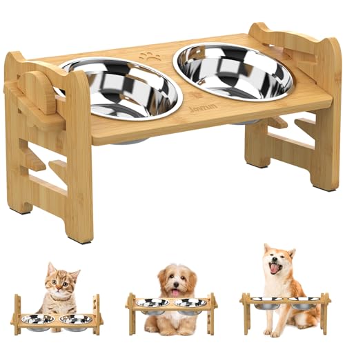 Jovrun Elevated Dog Bowls, Adjustable Raised Dog Bowl Stand for Small Size Dogs and Cats, 15°Tilted Elevated Cat Bowls, Durable Bamboo Dogs Feeder with 2 Stainless Steel Bowls and Non-Slip Feet
